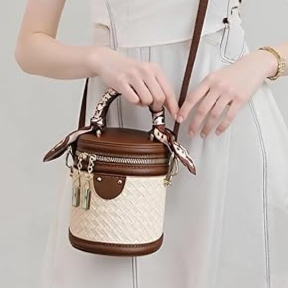 Neiman Marcus Equestrian Brown Vegan Leather Bucket Bag - Picture 4 of 6